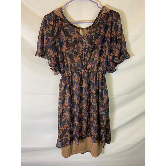 XHILERATION WOMENS SIZE MEDIUM BROWN SHORT SLEEVE PATTERN FIT FLARE DRESS - Picture 1 of 3